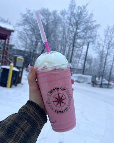 Pink blended drink held outside on a snowy Alaska day